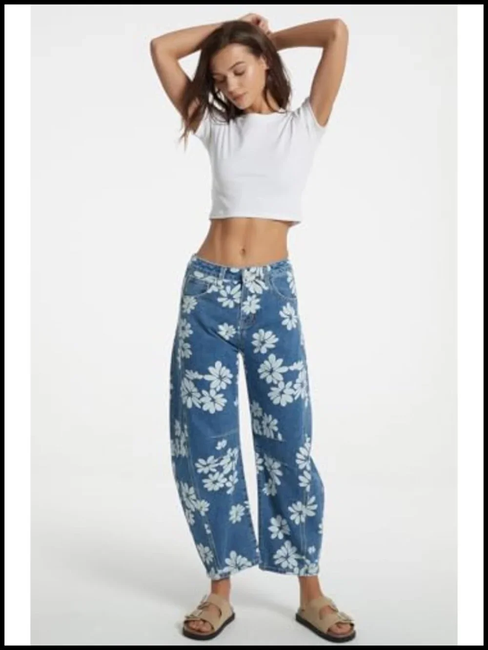 Women Printed Barrel Jeans Casual Low Rise Floral Cropped Wide Leg Denim Pants